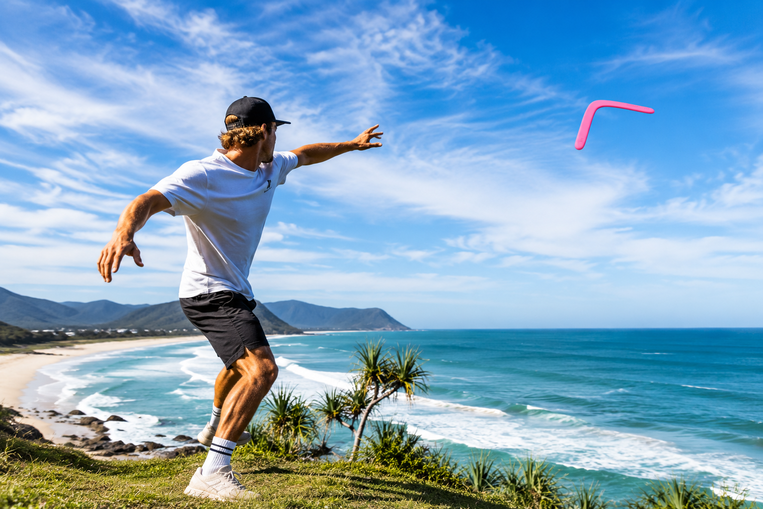 Pink boomerang thrown over a coastal cliff