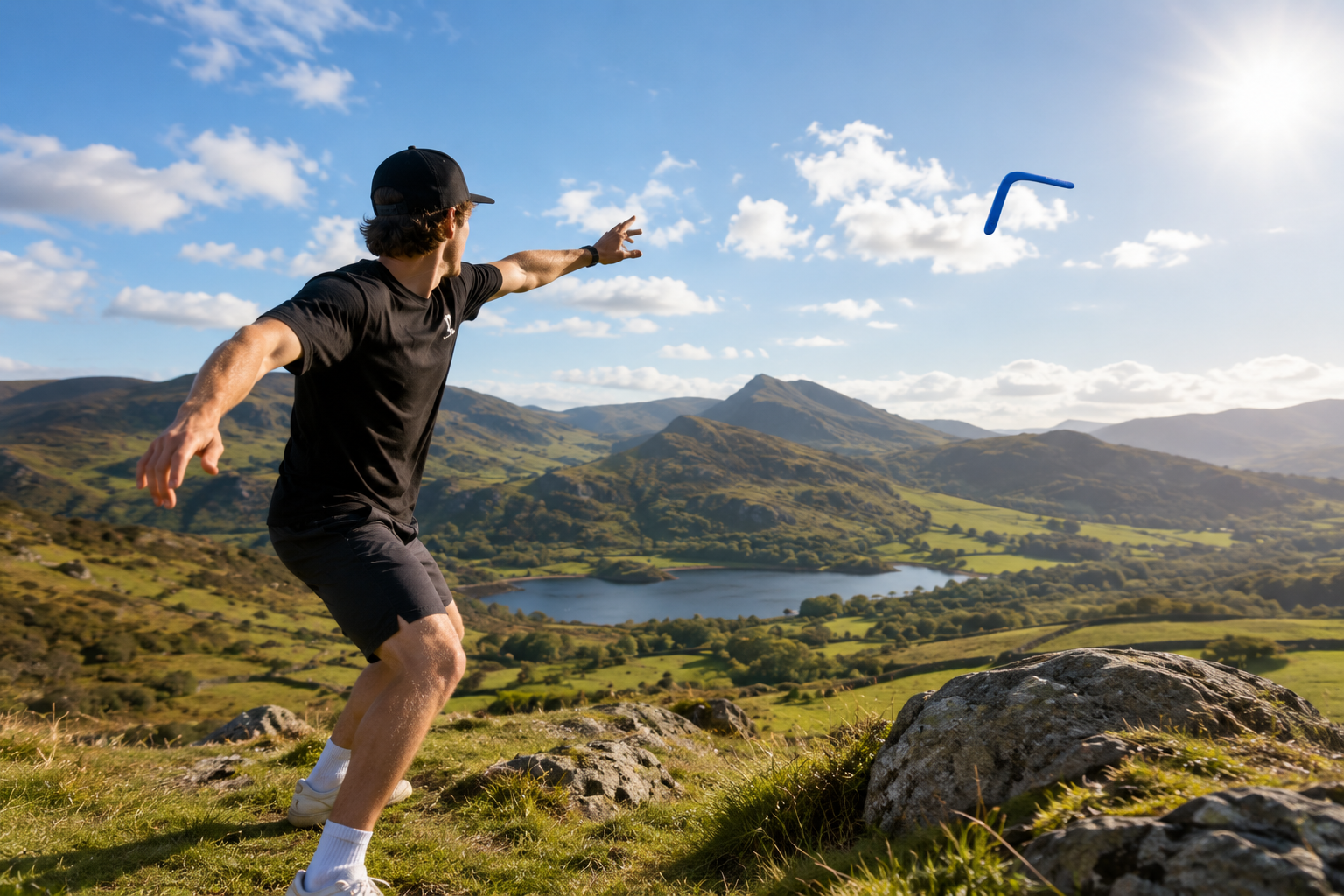 Boomerang throw at golden hour over Welsh hills