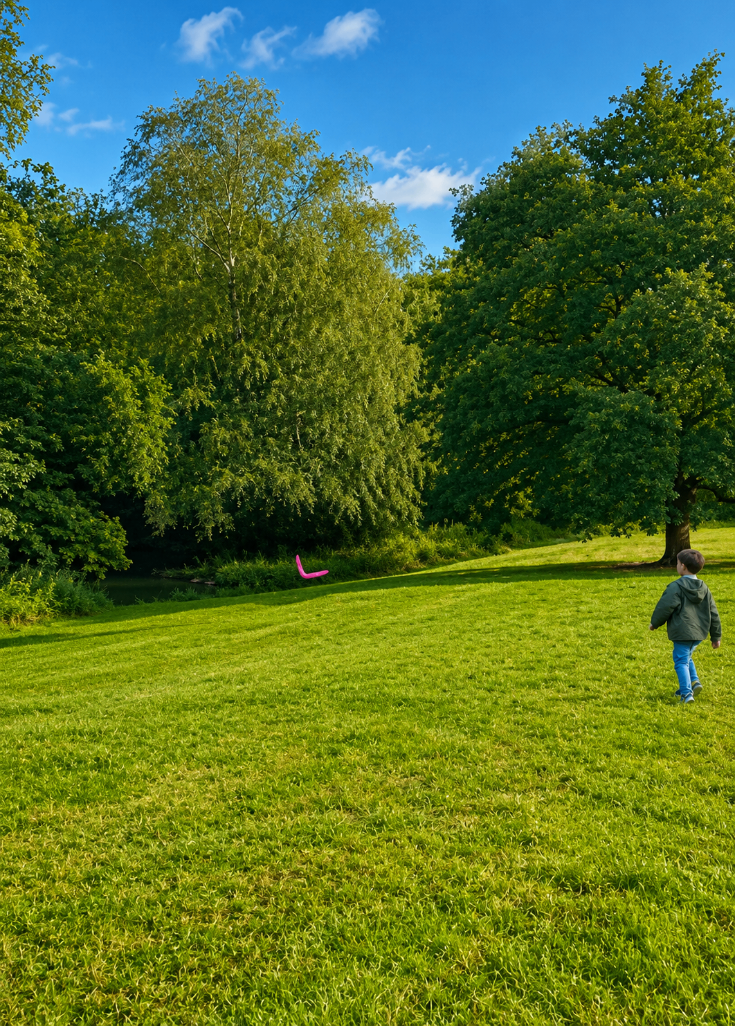 Child chasing a pink PeakRang across a sunlit park