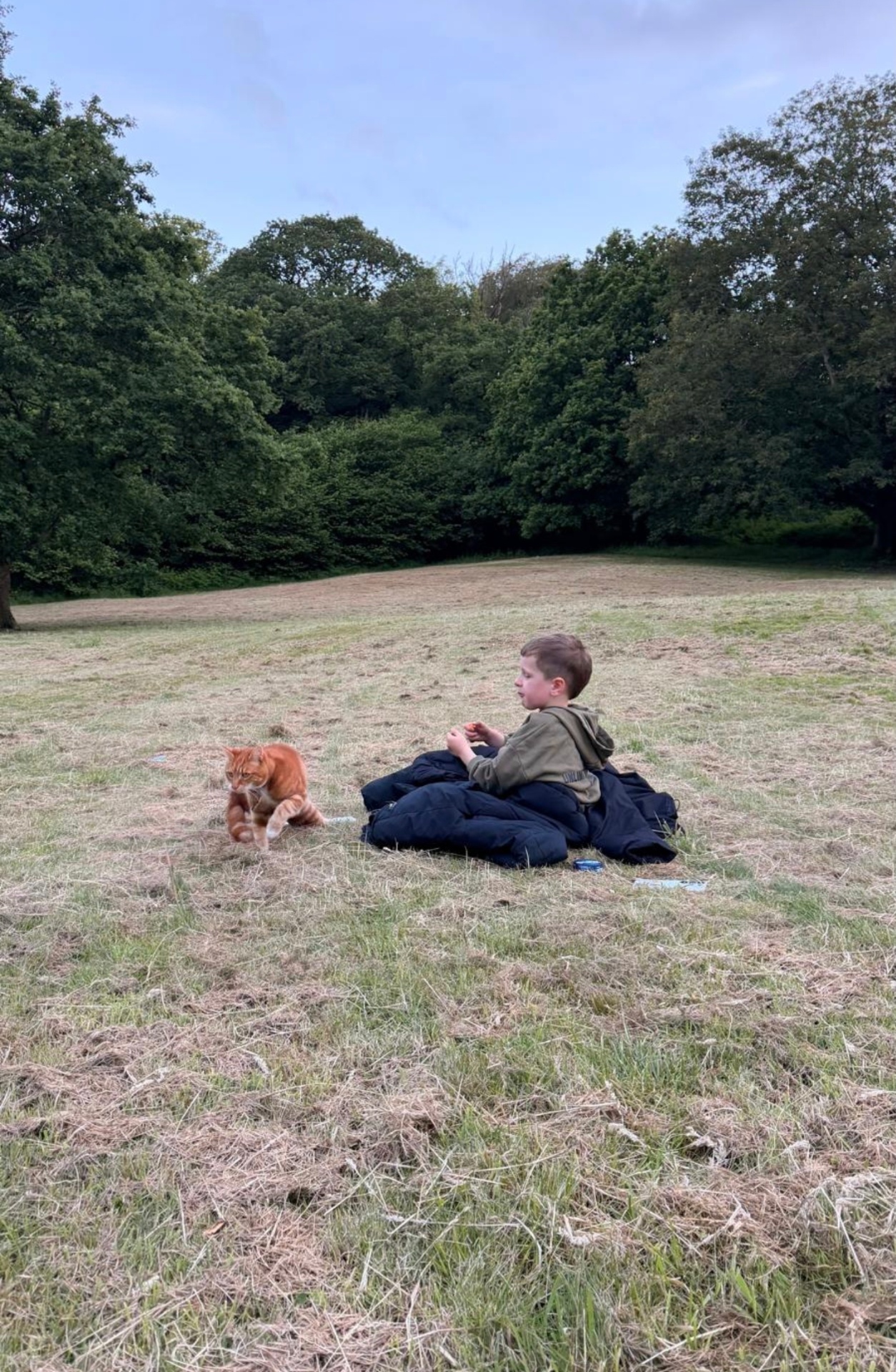 Boy resting in the grass with a curious cat after a PeakRang session