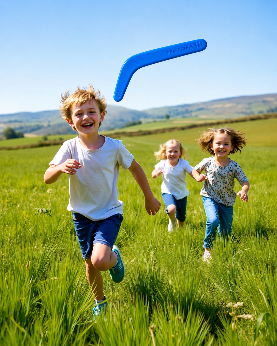 Kids running with blue PeakRangs boomerang in a field